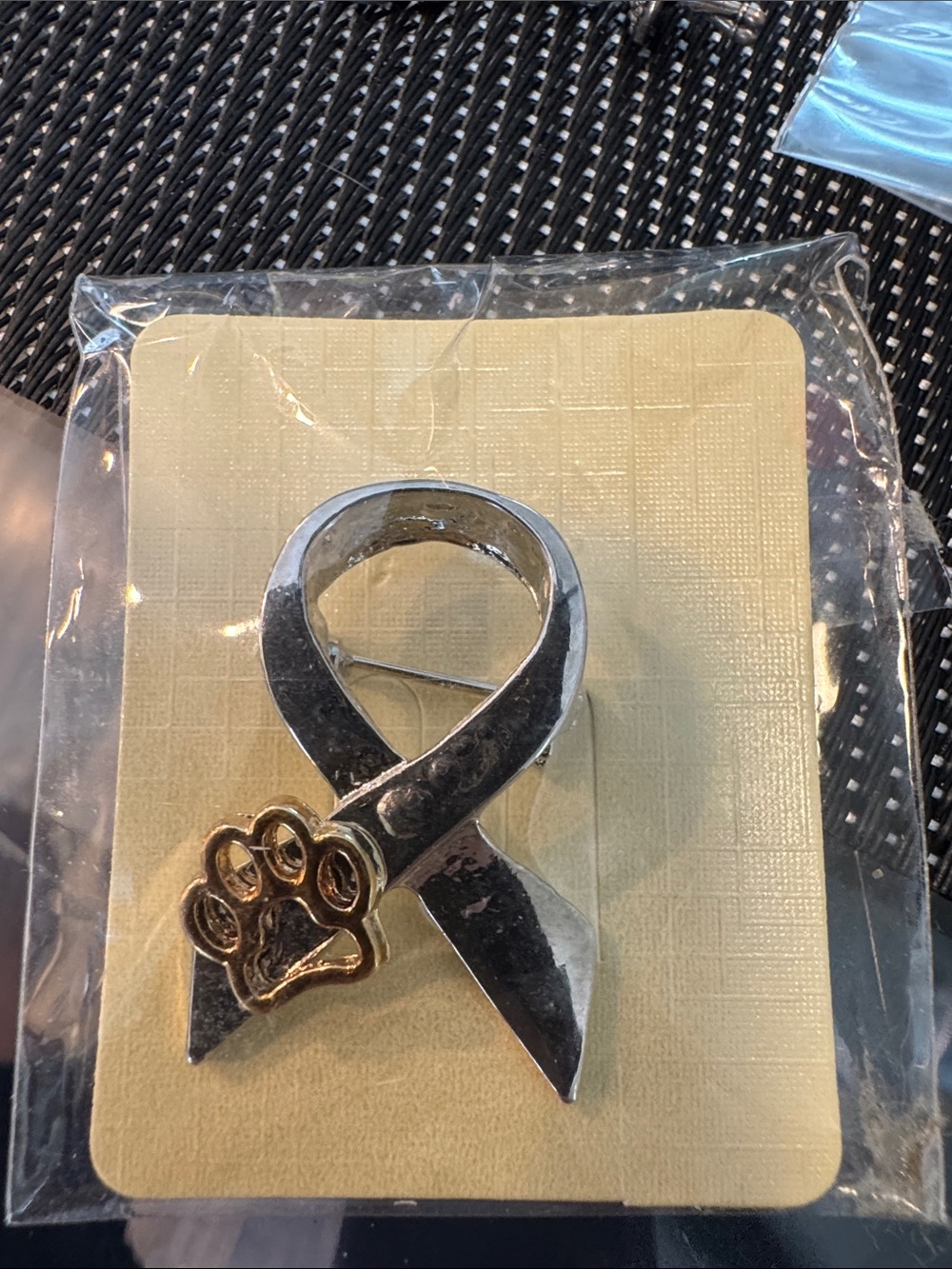Silver Awareness Ribbon Pin with Gold Paw Accent